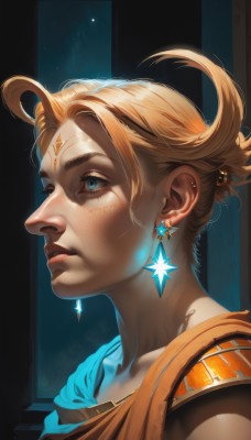 1girl,solo,short hair,blue eyes,blonde hair,jewelry,ahoge,earrings,parted lips,star (symbol),from side,lips,eyelashes,tattoo,glowing,facial mark,piercing,portrait,freckles,forehead mark,realistic,nose,collarbone,upper body,artist name,profile,makeup,watermark,facepaint,star earrings