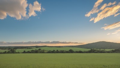 outdoors,sky,day,cloud,tree,blue sky,no humans,cloudy sky,grass,nature,scenery,sunset,mountain,horizon,field,landscape,mountainous horizon,gradient sky,hill