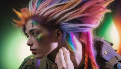 1girl,solo,long hair,open mouth,blue eyes,blonde hair,jewelry,blue hair,jacket,pink hair,purple hair,braid,red hair,multicolored hair,earrings,parted lips,teeth,artist name,hand up,dark skin,orange hair,blurry,from side,lips,blood,gradient hair,profile,blurry background,facial mark,piercing,feathers,ear piercing,clenched hand,portrait,side braid,freckles,realistic,nose,facepaint,dirty,paint splatter,grey eyes,eyelashes,floating hair,watermark,blood on face,looking afar,dirty face,rainbow hair,glowing hair