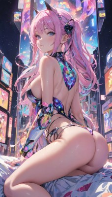 1girl,solo,long hair,breasts,looking at viewer,blush,bangs,blue eyes,large breasts,hair ornament,animal ears,bare shoulders,twintails,medium breasts,sitting,closed mouth,underwear,panties,pink hair,ass,sidelocks,thighs,detached sleeves,shiny,looking back,cat ears,from behind,leotard,shiny skin,bare legs,kneeling,sideboob,night,fake animal ears,back,highleg,revealing clothes,thong,bare back,backless leotard,heart,horns,mole,from side,mole under eye,bed sheet,arm support,night sky,arched back