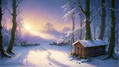 HQ,outdoors,sky,tree,no humans,window,building,nature,scenery,snow,forest,sunset,snowing,mountain,door,sun,house,winter,bare tree,sunrise,footprints,pine tree,cloud,night,sunlight,plant,star (sky),landscape