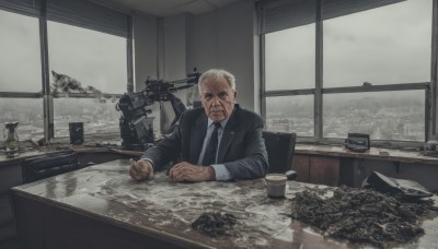 solo,looking at viewer,blonde hair,shirt,long sleeves,1boy,sitting,closed mouth,jacket,white shirt,weapon,male focus,necktie,collared shirt,indoors,cup,black jacket,gun,window,facial hair,chair,formal,table,suit,black necktie,rifle,mug,old,old man,grey sky,office,white hair,grey hair,dark skin,wing collar,desk,realistic,bald,sniper rifle,black suit,wrinkled skin,grey theme