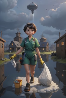 1girl,solo,looking at viewer,smile,short hair,brown hair,shirt,black hair,gloves,1boy,holding,brown eyes,standing,full body,short sleeves,male focus,boots,outdoors,parted lips,sky,shoes,shorts,collared shirt,cloud,water,bag,black eyes,night,bird,cloudy sky,building,child,reflection,walking,pocket,aircraft,green shirt,bucket,overalls,male child,house,green shorts,green gloves,puddle,lips,grass,yellow gloves