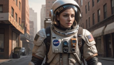 1girl,solo,looking at viewer,short hair,brown hair,brown eyes,upper body,outdoors,day,armor,blurry,lips,window,depth of field,blurry background,helmet,ground vehicle,building,motor vehicle,science fiction,city,realistic,nose,road,street,american flag,spacesuit,astronaut,solo focus,looking to the side,looking away,backpack,scenery,sign,road sign,space helmet