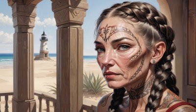 1girl,solo,long hair,looking at viewer,blue eyes,brown hair,black hair,jewelry,upper body,braid,earrings,outdoors,parted lips,sky,teeth,day,cloud,water,twin braids,blue sky,lips,grey eyes,tattoo,ocean,facial mark,beach,portrait,realistic,nose,sand,facial tattoo,pillar,statue,lighthouse,closed mouth,multicolored hair,choker,two-tone hair,eyelashes,piercing,cloudy sky,ear piercing,horizon