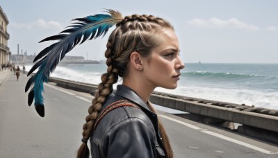 1girl,solo,long hair,brown hair,hair ornament,brown eyes,closed mouth,jacket,upper body,braid,outdoors,sky,solo focus,day,water,twin braids,from side,lips,black jacket,profile,ocean,beach,feathers,building,realistic,nose,feather hair ornament,watercraft,leather,leather jacket,blonde hair,jewelry,earrings,single braid,piercing,ear piercing,scenery,horizon,stud earrings,ship,boat,shore