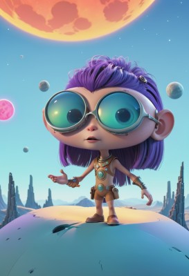 1girl,solo,long hair,looking at viewer,jewelry,standing,full body,purple hair,outdoors,parted lips,sky,dark skin,chibi,flat chest,bracelet,dark-skinned female,lips,moon,goggles,child,star (sky),freckles,science fiction,space,planet,alien,spacecraft,desert,open mouth,blue eyes,boots,shoes,glasses,teeth,belt,artist name,signature,necklace,brown footwear,sunglasses,full moon,starry sky,realistic,earth (planet)