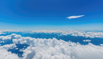 monochrome,outdoors,sky,day,cloud,blue sky,no humans,ocean,cloudy sky,scenery,flying,blue theme,aircraft,horizon,landscape,above clouds