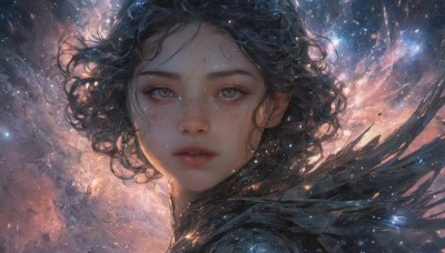 1girl,solo,looking at viewer,short hair,black hair,green eyes,parted lips,sky,artist name,cloud,lips,eyelashes,floating hair,cloudy sky,wind,messy hair,portrait,star (sky),light particles,starry sky,freckles,curly hair,realistic,nose,bangs,teeth,blood