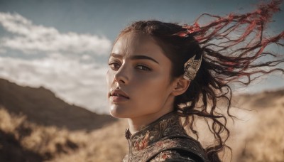 1girl,solo,long hair,looking at viewer,brown hair,black hair,hair ornament,brown eyes,outdoors,parted lips,sky,day,cloud,armor,blurry,blue sky,lips,floating hair,depth of field,blurry background,portrait,mountain,realistic,nose,tree,cloudy sky,wind