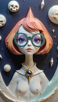 1girl,solo,breasts,looking at viewer,short hair,blue eyes,jewelry,nipples,upper body,pink hair,nude,multicolored hair,small breasts,glasses,orange hair,lips,makeup,detached collar,colored skin,lipstick,gem,eyeshadow,skull,round eyewear,diamond (gemstone),eyelashes,no humans,mask,moon,nose,planet