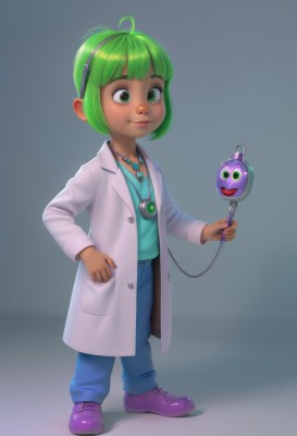 1girl,solo,smile,short hair,simple background,shirt,jewelry,green eyes,standing,full body,ahoge,hairband,green hair,shoes,pants,dark skin,necklace,dark-skinned female,child,hand in pocket,labcoat,female child,stethoscope,doctor,lips,headphones,nose