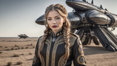 1girl,solo,long hair,looking at viewer,blonde hair,brown hair,brown eyes,jewelry,closed mouth,upper body,braid,earrings,outdoors,uniform,twin braids,lips,military,military uniform,makeup,lipstick,hair over shoulder,science fiction,realistic,aircraft,military vehicle,red lips,airplane,vehicle focus,spacecraft,desert,jet,fighter jet,day,alien