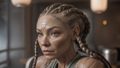 1girl,solo,long hair,looking at viewer,brown hair,brown eyes,braid,parted lips,teeth,dark skin,blurry,twin braids,dark-skinned female,lips,depth of field,blurry background,portrait,freckles,realistic,nose,dreadlocks,multiple braids,closed mouth,indoors,facial mark,facepaint,facial tattoo