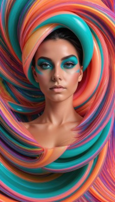 1girl,solo,long hair,looking at viewer,black hair,bare shoulders,brown eyes,closed mouth,collarbone,upper body,multicolored hair,artist name,dark skin,black eyes,dark-skinned female,lips,eyelashes,makeup,watermark,facial mark,portrait,eyeshadow,nose,facepaint,orange hair,expressionless,web address