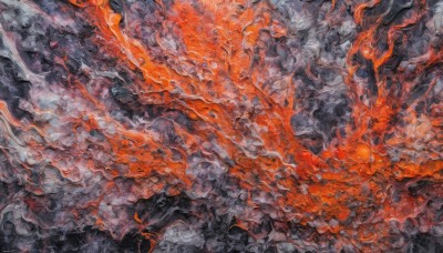 solo,1boy,no humans,traditional media,fire,scenery,smoke,painting (medium),orange theme,burning,molten rock,too many