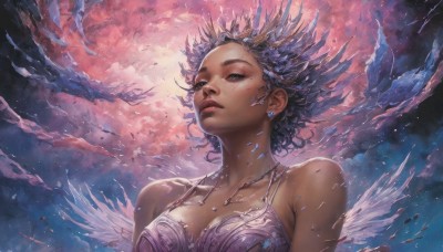 1girl,solo,breasts,short hair,cleavage,bare shoulders,jewelry,medium breasts,blue hair,collarbone,upper body,purple hair,earrings,parted lips,wings,sky,cloud,dark skin,necklace,dark-skinned female,lips,watermark,crown,looking up,star (sky),freckles,realistic,nose,fantasy,blue eyes,black hair,underwear,green eyes,bra,eyelashes,looking away,wind