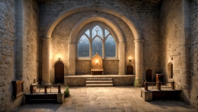 HQ,indoors,no humans,window,night,chair,table,sunlight,plant,scenery,light rays,stairs,door,potted plant,light,candle,pillar,church,arch,candlestand,fantasy,bench,wall,architecture,brick wall,statue,column,fireplace,brick,stone stairs