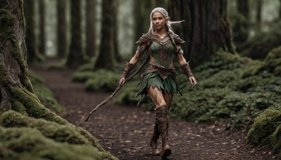 1girl,solo,long hair,breasts,skirt,holding,weapon,braid,white hair,boots,pointy ears,dark skin,armor,blurry,tree,blurry background,knee boots,staff,elf,shoulder armor,nature,forest,walking,pauldrons,bracer,princess zelda,blue eyes,blonde hair,jewelry,sword,lips,tiara,bow (weapon),realistic,shoulder pads