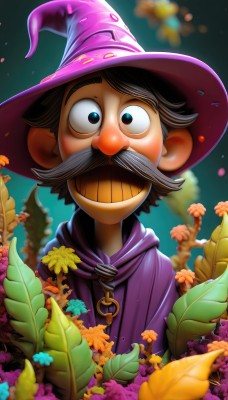 solo,looking at viewer,smile,short hair,open mouth,blue eyes,brown hair,black hair,1boy,hat,upper body,flower,male focus,outdoors,teeth,signature,grin,blurry,black eyes,tree,witch hat,blurry background,facial hair,leaf,plant,wide-eyed,mustache,purple headwear,wizard hat,purple cape,wizard,cape,robe