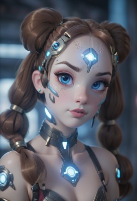 1girl,solo,long hair,breasts,looking at viewer,blue eyes,brown hair,hair ornament,cleavage,bare shoulders,twintails,jewelry,collarbone,upper body,braid,earrings,small breasts,parted lips,teeth,choker,artist name,hair bun,blurry,twin braids,lips,eyelashes,double bun,makeup,depth of field,blurry background,glowing,headgear,facial mark,forehead,eyeshadow,freckles,science fiction,nose,mechanical arms,cyborg,mascara,medium breasts,forehead mark,eyeliner