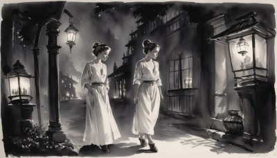 breasts,short hair,multiple girls,long sleeves,dress,2girls,jewelry,standing,monochrome,greyscale,outdoors,shoes,hair bun,tree,window,night,shadow,bird,siblings,single hair bun,building,walking,lantern,hands in pockets,architecture,arch,1girl,belt,looking at another,scenery,hand in pocket,robe