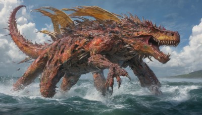 open mouth,tail,outdoors,sky,teeth,day,cloud,water,blue sky,no humans,bird,ocean,cloudy sky,sharp teeth,claws,monster,scales,waves,dinosaur,kaijuu,red eyes,wings,horns,glowing,dragon,splashing