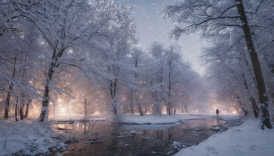 1girl, solo, standing, outdoors, tree, dutch angle, scenery, snow, snowing, winter, bare tree, footprints