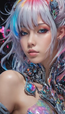 1girl,solo,breasts,looking at viewer,short hair,bangs,blue eyes,hair ornament,cleavage,bare shoulders,jewelry,medium breasts,blue hair,upper body,white hair,multicolored hair,earrings,parted lips,shiny,necklace,lips,streaked hair,eyelashes,makeup,gem,portrait,close-up,eyeshadow,science fiction,realistic,nose,pink hair,cyborg,mascara