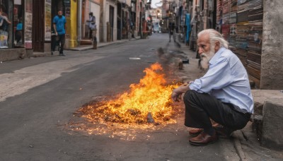 shirt,long sleeves,1boy,white shirt,white hair,male focus,outdoors,multiple boys,shoes,pants,facial hair,brown footwear,black pants,squatting,fire,blue shirt,ground vehicle,building,beard,city,realistic,mustache,road,bald,old,police,old man,street,photo background,burning,solo focus,day,collared shirt,blurry,from side,profile,sleeves rolled up,hand in pocket