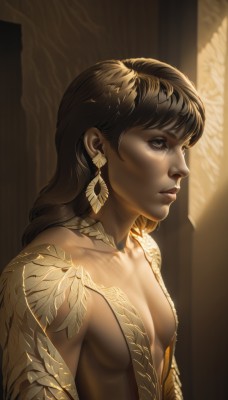 1girl,solo,long hair,breasts,bangs,brown hair,black hair,1boy,brown eyes,jewelry,collarbone,upper body,male focus,earrings,small breasts,parted lips,lips,grey eyes,eyelashes,looking away,sunlight,feathers,realistic,nose,looking afar,dress,cleavage,bare shoulders,medium breasts,dark skin,from side,dark-skinned female,no bra