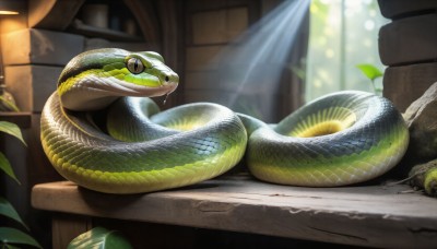 HQ,outdoors,day,indoors,signature,blurry,black eyes,no humans,blurry background,animal,sunlight,plant,slit pupils,light rays,snake,scales,animal focus,oversized animal,forked tongue,solo,closed mouth,closed eyes,yellow eyes,lying,leaf,on side,sleeping,realistic,frog,moss