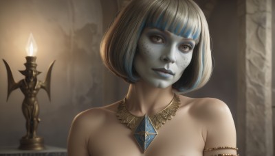 1girl,solo,breasts,looking at viewer,short hair,bangs,bare shoulders,brown eyes,jewelry,blue hair,collarbone,upper body,nude,multicolored hair,parted lips,blunt bangs,necklace,two-tone hair,lips,streaked hair,bob cut,armlet,freckles,realistic,candle,grey skin,statue,cleavage,makeup,colored skin,portrait