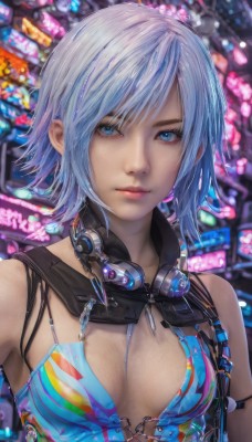 1girl,solo,breasts,looking at viewer,smile,short hair,bangs,blue eyes,cleavage,bare shoulders,medium breasts,closed mouth,blue hair,swimsuit,upper body,bikini,striped,blurry,lips,blurry background,headphones,realistic,cable,headphones around neck,small breasts,outdoors,sleeveless,artist name,eyelashes,makeup,depth of field,swept bangs,watermark,breasts apart,camisole,pink lips,nose,cyberpunk,neon lights