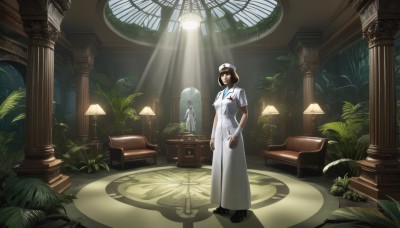 1girl,solo,long hair,looking at viewer,short hair,multiple girls,brown hair,black hair,gloves,hat,dress,2girls,brown eyes,standing,short sleeves,indoors,white dress,chair,sunlight,plant,scenery,couch,light rays,nurse cap,nurse,lamp,sunbeam,clipboard,pillar,statue,stethoscope,doctor,full body,glasses,black footwear,white headwear,table,labcoat