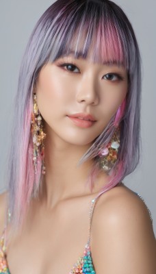 1girl,solo,long hair,breasts,looking at viewer,bangs,simple background,cleavage,bare shoulders,brown eyes,jewelry,medium breasts,closed mouth,collarbone,swimsuit,upper body,pink hair,bikini,multicolored hair,earrings,small breasts,blunt bangs,grey background,black eyes,two-tone hair,lips,head tilt,gradient hair,realistic,nose,black hair,purple hair,parted lips,makeup,gem