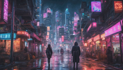 long hair, multiple girls, standing, outdoors, dutch angle, night, building, scenery, science fiction, rain, city, sign, road, cityscape, dark, street, city lights, cyberpunk, neon lights