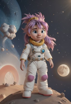 1girl,solo,long hair,looking at viewer,smile,bangs,blue eyes,closed mouth,standing,full body,ponytail,pink hair,purple hair,sky,belt,artist name,signature,star (symbol),moon,star (sky),full moon,floating,starry sky,rock,realistic,space,planet,earth (planet),spacecraft,debris,spacesuit,astronaut,boots,white footwear