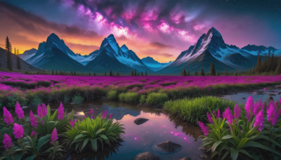 flower, outdoors, sky, cloud, water, tree, no humans, night, grass, star (sky), nature, night sky, scenery, starry sky, reflection, sunset, rock, mountain, landscape, mountainous horizon, purple sky