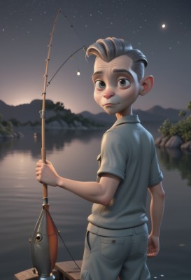 solo,looking at viewer,smile,short hair,shirt,1boy,holding,closed mouth,standing,white shirt,short sleeves,grey hair,male focus,outdoors,sky,shorts,looking back,pants,water,from behind,black eyes,tree,night,moon,child,star (sky),night sky,furry,wading,starry sky,furry male,male child,river,lake,fishing rod,fishing,holding fishing rod,artist name,two-tone hair,watermark,web address,fish,sunset,rock,mohawk