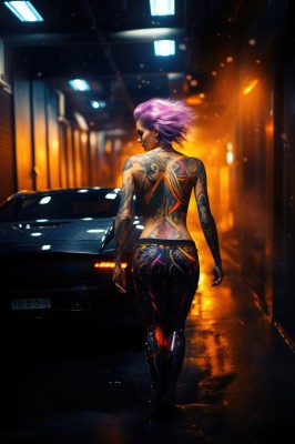 1girl,solo,looking at viewer,short hair,jewelry,standing,pink hair,purple hair,ass,earrings,looking back,pants,dark skin,from behind,blurry,dark-skinned female,tattoo,night,back,topless,ground vehicle,motor vehicle,walking,science fiction,car,road,arm tattoo,cyborg,street,cyberpunk,back tattoo,full-body tattoo,breasts,full body,boots,makeup,black pants,denim,lipstick,wind,jeans,nose,stud earrings,tight,very short hair,hair slicked back,tight pants