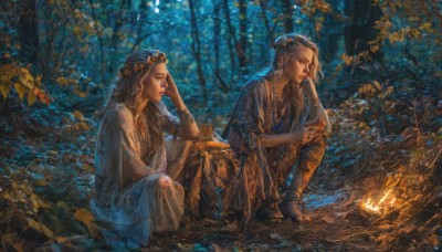 long hair,multiple girls,brown hair,black hair,hair ornament,dress,2girls,jewelry,sitting,braid,earrings,boots,outdoors,signature,necklace,blurry,looking at another,tree,night,leaf,bug,fire,nature,scenery,forest,head rest,realistic,fantasy,head wreath,on ground,flower,barefoot,bracelet,lips,tattoo,profile,blue dress,siblings,lipstick,anklet,arm tattoo,dirty feet