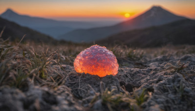 outdoors, sky, cloud, blurry, no humans, depth of field, scenery, sunset, mountain, sun