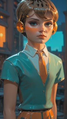 1girl,solo,looking at viewer,short hair,bangs,blue eyes,skirt,brown hair,shirt,hair ornament,closed mouth,standing,white shirt,upper body,short sleeves,outdoors,parted lips,necktie,hairclip,shiny,collared shirt,belt,artist name,blurry,lips,eyelashes,makeup,night,blurry background,swept bangs,headphones,watermark,blue shirt,wing collar,lipstick,red necktie,freckles,nose,red lips,very short hair,orange skirt,orange necktie,school uniform,building,yellow necktie