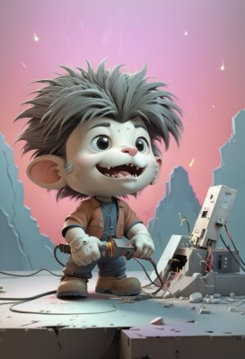 solo,smile,open mouth,black hair,gloves,1boy,jacket,full body,male focus,boots,outdoors,teeth,chibi,black eyes,sharp teeth,child,furry,cable,furry male,male child,ruins,wire,rubble,brown hair,animal ears,fangs,brown footwear,robot,science fiction,brown jacket,cyborg