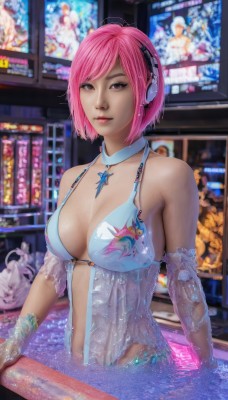 1girl,solo,breasts,looking at viewer,short hair,bangs,large breasts,navel,cleavage,bare shoulders,brown eyes,jewelry,medium breasts,underwear,swimsuit,upper body,pink hair,bikini,detached sleeves,indoors,pink eyes,necklace,star (symbol),blurry,lips,see-through,makeup,detached collar,swept bangs,headphones,realistic,nose,gloves,closed mouth,water,wet,blurry background,partially submerged,pool,stained glass