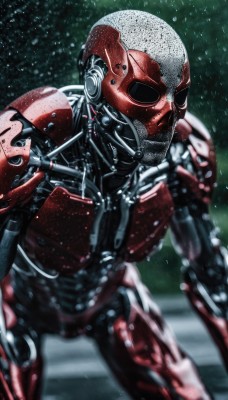 solo,1boy,standing,male focus,armor,blurry,no humans,depth of field,blurry background,helmet,robot,mecha,1other,science fiction,snowing,realistic,power armor,cowboy shot,shiny,bodysuit,snow,cable,cyborg,wire