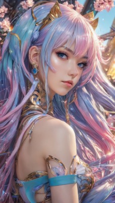 1girl,solo,long hair,breasts,looking at viewer,bangs,blue eyes,hair ornament,bare shoulders,jewelry,medium breasts,closed mouth,blue hair,upper body,pink hair,flower,multicolored hair,earrings,outdoors,sky,day,artist name,blurry,from side,two-tone hair,lips,eyelashes,gradient hair,blurry background,cherry blossoms,gem,armlet,realistic,nose,shiny,shiny hair,blue sky,looking to the side,petals,piercing,pink flower,blue nails,architecture,east asian architecture