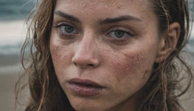 1girl,solo,long hair,looking at viewer,brown hair,brown eyes,parted lips,teeth,blurry,lips,eyelashes,blurry background,thick eyebrows,portrait,close-up,freckles,realistic,nose,dirty,depth of field,messy hair,dirty face