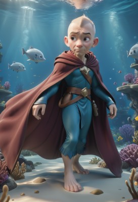 solo,1boy,closed mouth,standing,full body,weapon,male focus,barefoot,belt,water,cape,looking to the side,animal,sunlight,fish,bubble,light rays,rock,underwater,red cape,air bubble,male child,bald,sunbeam,old,old man,swimming,turtle,coral,1girl,smile,black eyes,walking,superhero,aquarium